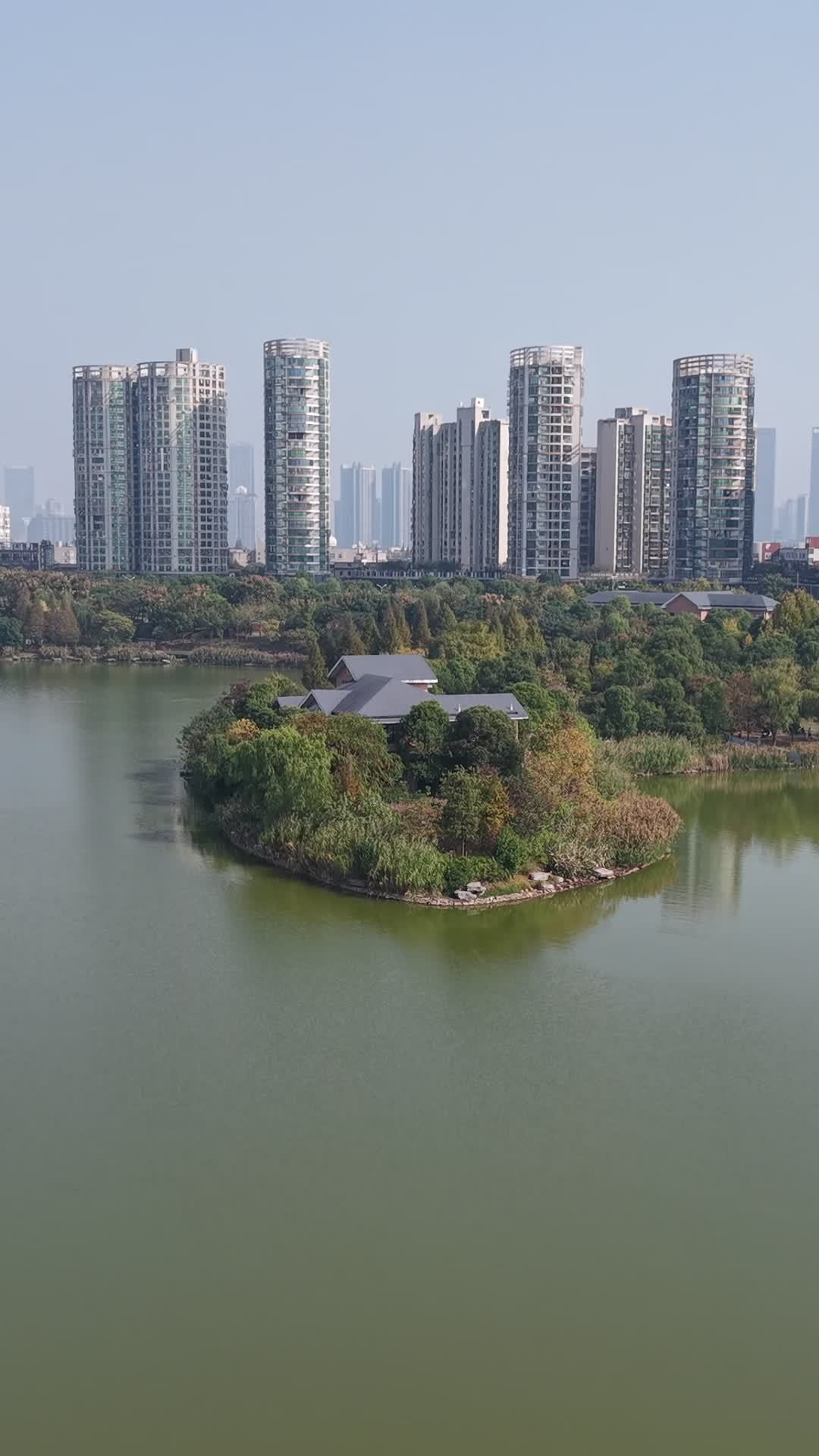 湖畔小岛与都市风光
