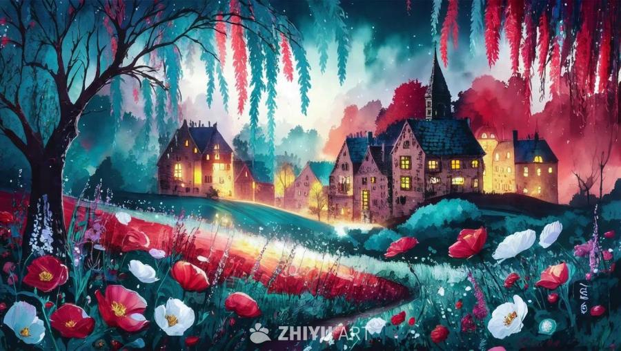 在充满活力的草地上，一棵优雅的垂柳旁，远景中坐落着
