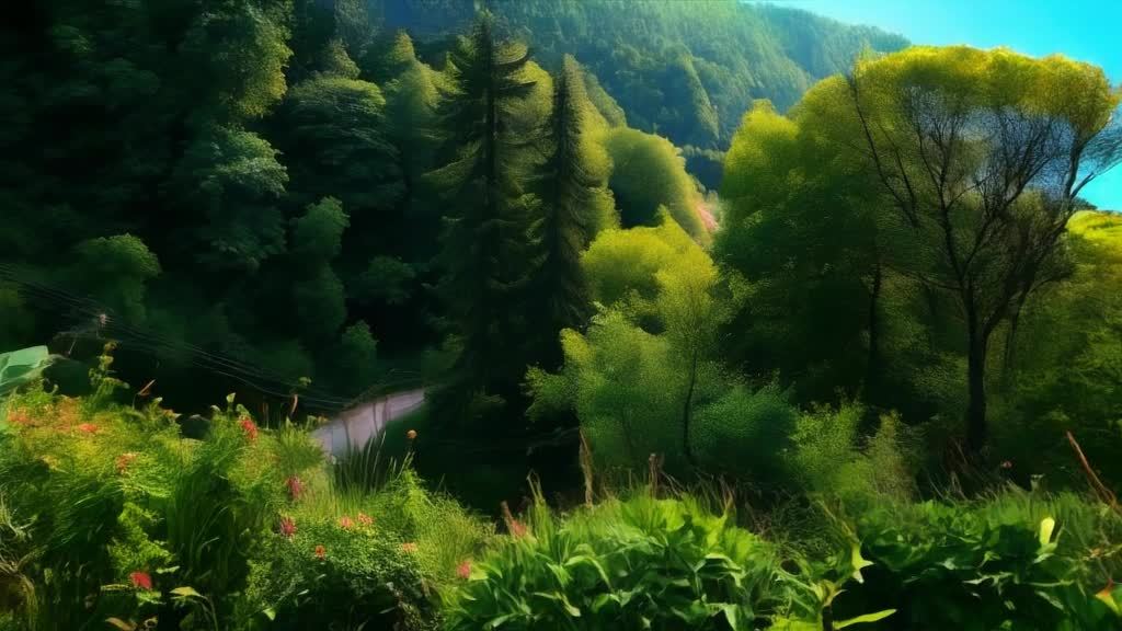 一条弯曲的道路穿过茂密的森林，周围是绿色的树木和植