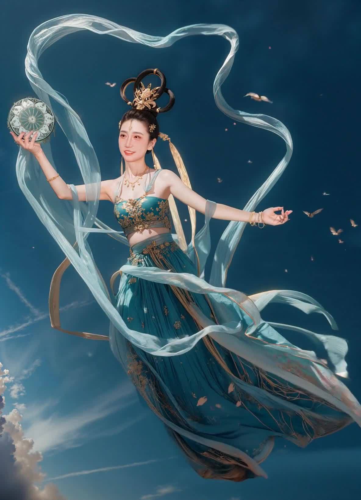 蓝裙女子持器飞天丝带飘逸祥云飞鸟点缀天空