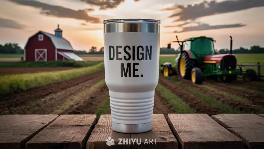 一个不锈钢保温杯，上面印有“DESIGN ME”字