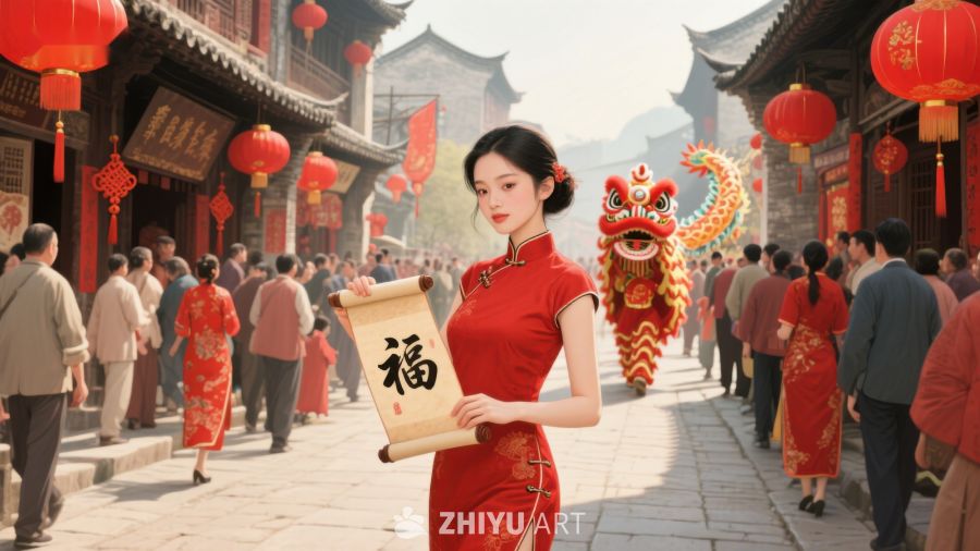 女子手持福字卷轴，街头舞狮迎新春 75