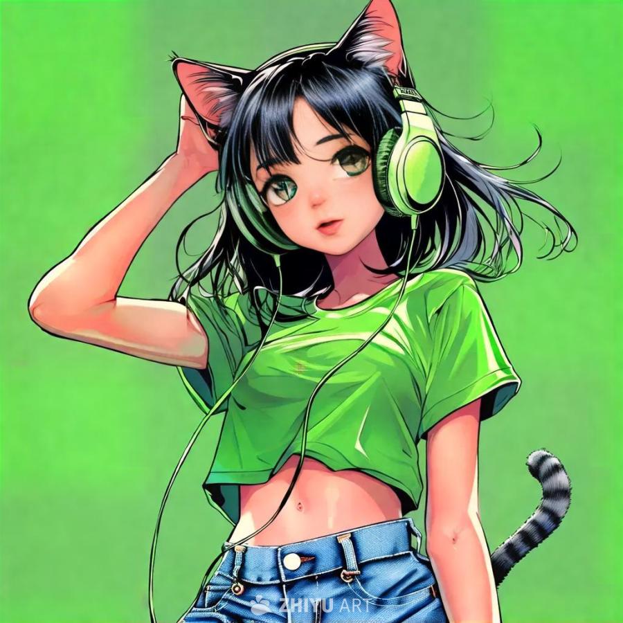 一个动漫风格的女孩，穿着绿色T恤和蓝色短牛仔裤，戴
