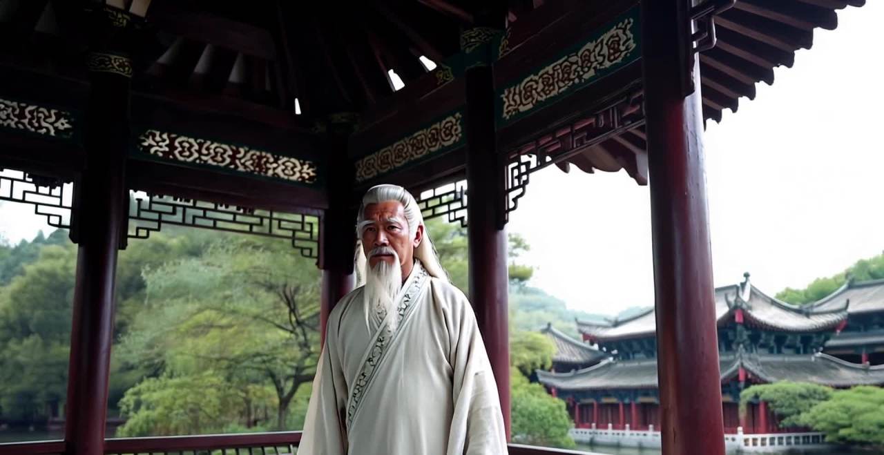 一位身着白色长袍的中国古代老人站在中式亭子中，他头