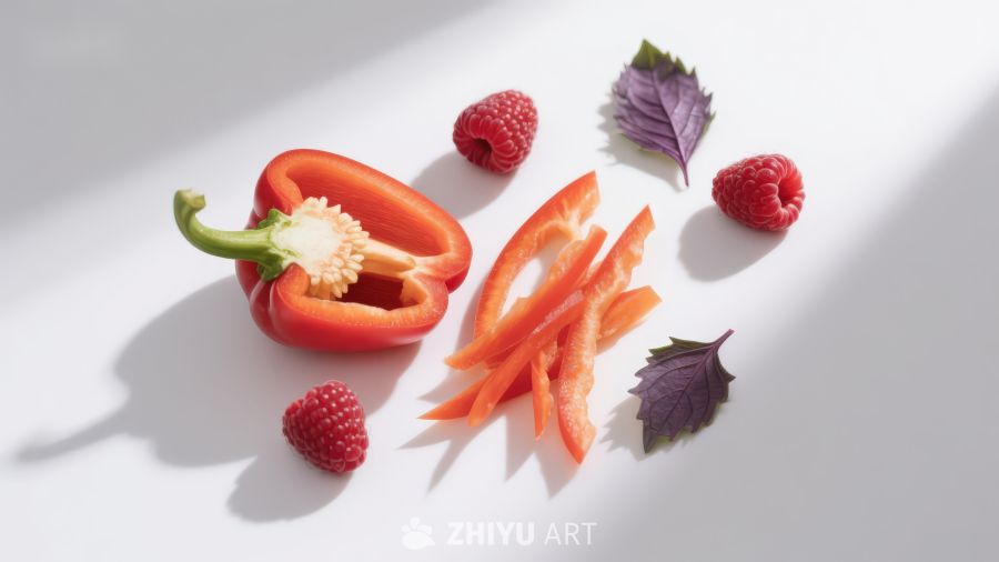 红椒与覆盆子静物摆拍