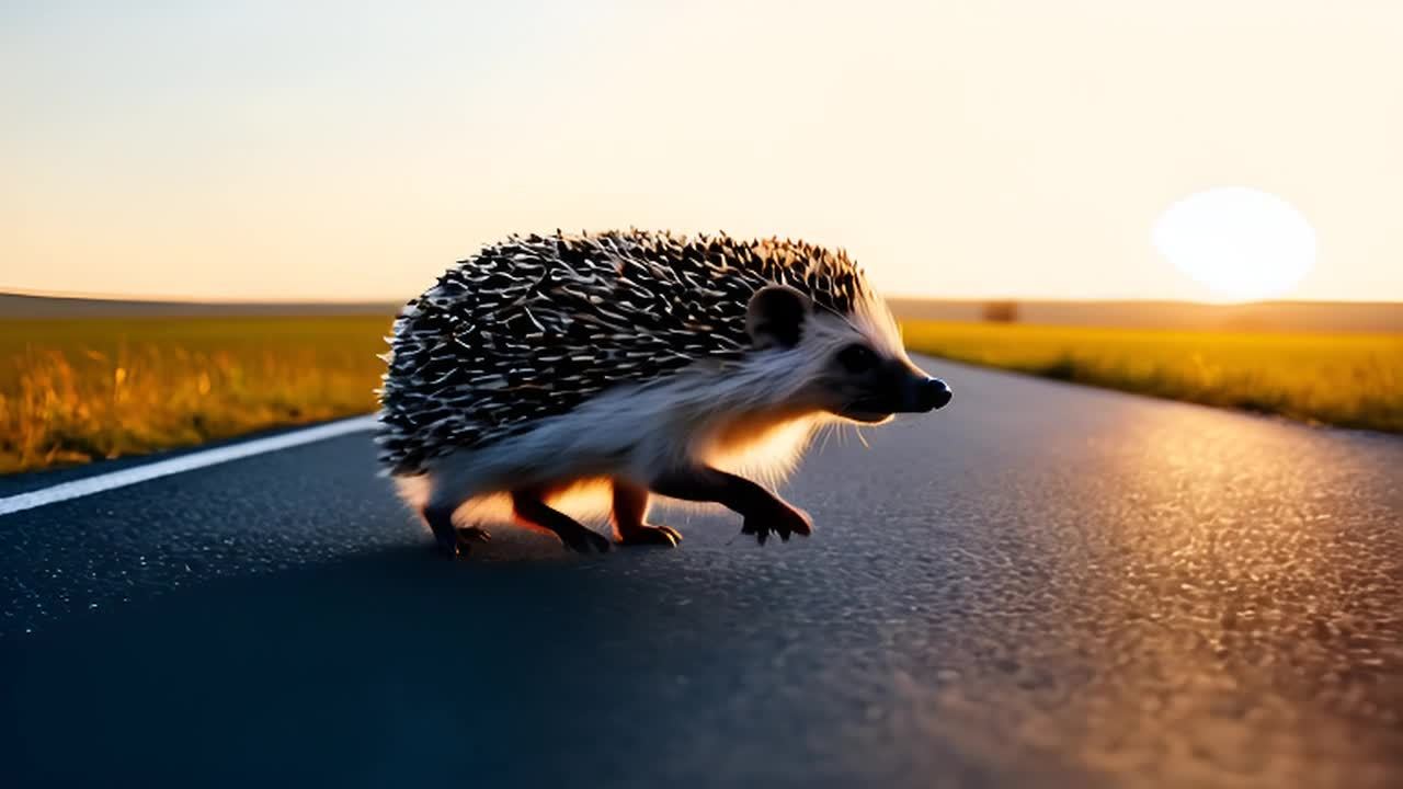 一只刺猬缓慢地走在一条道路上，远处是日落景象，天空