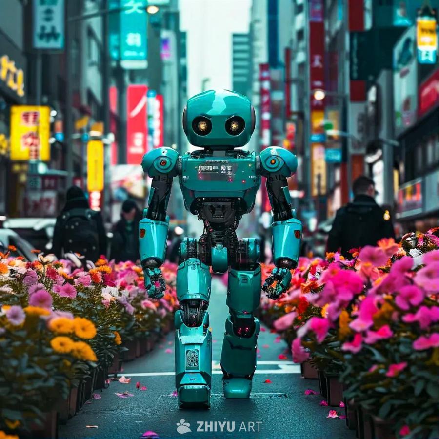 街道中央，一个水蓝色的机器人行走着。机器人周围摆放