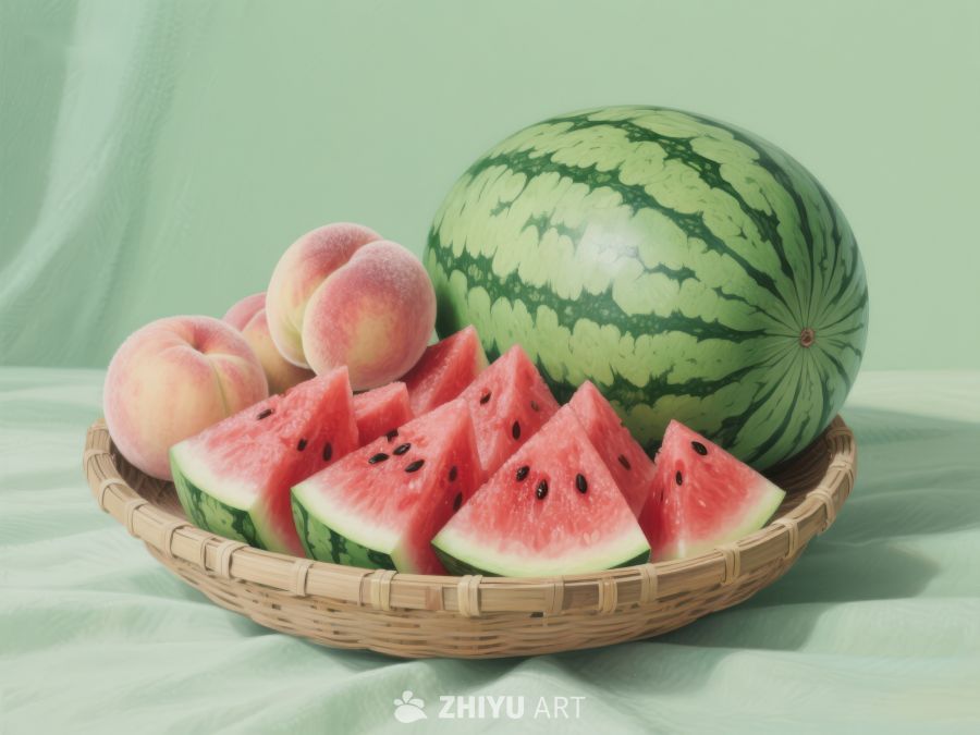 西瓜切片与桃子的静物组合 517