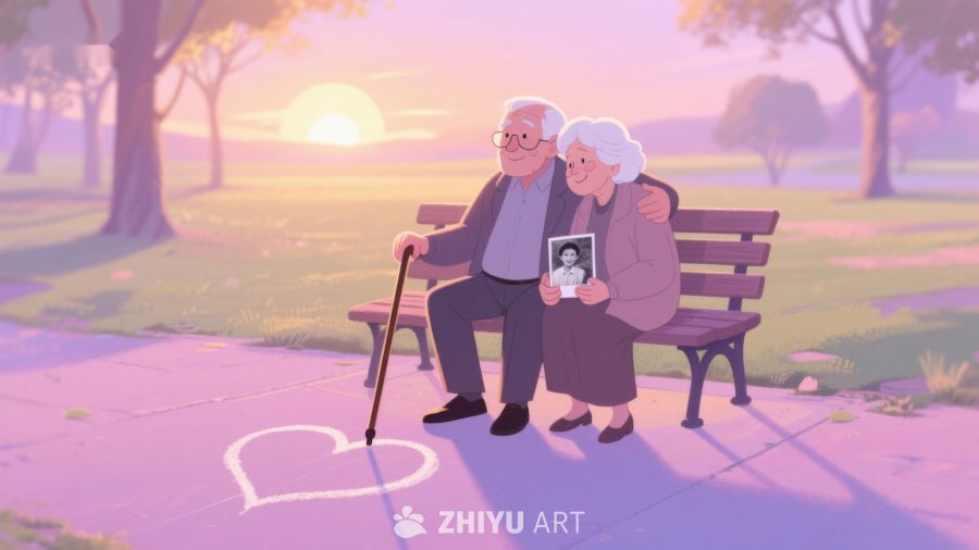 夕阳下老人公园长椅上的温馨时光 522