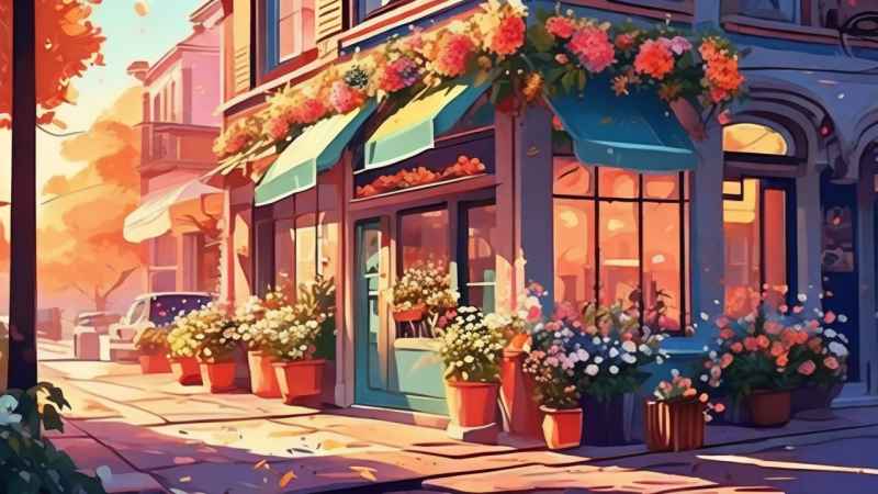 落日时分的街角边的花店插画 29