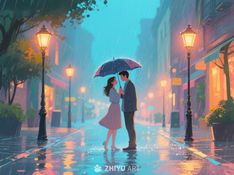 雨夜街头情侣共伞温馨场景 1140