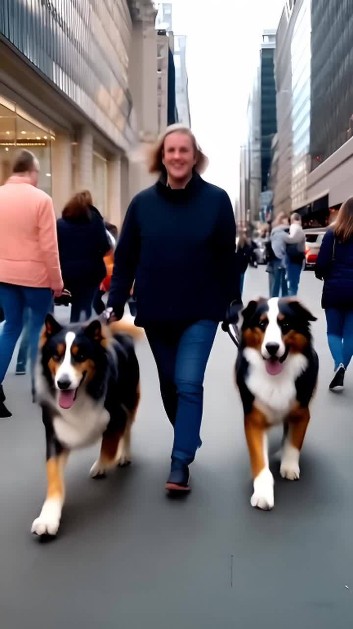 一名穿着深色外套和蓝色牛仔裤的男子牵着两只高大的澳