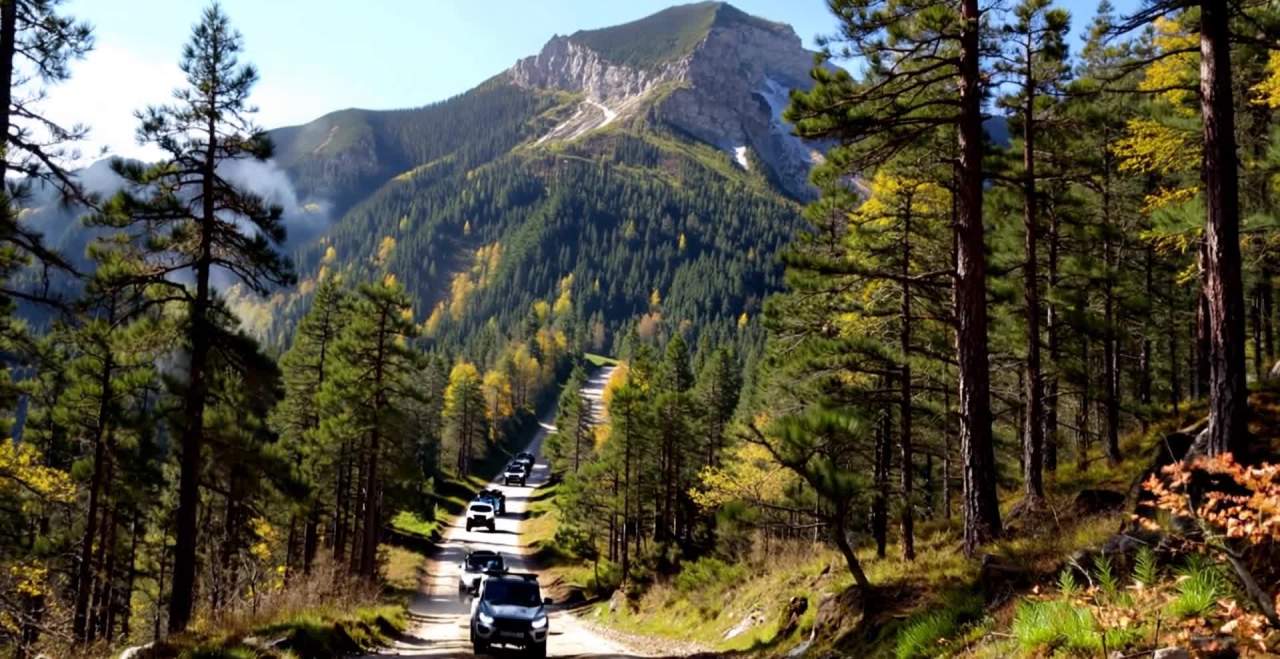 山间蜿蜒山路越野车队行进，景色宜人风光无限。