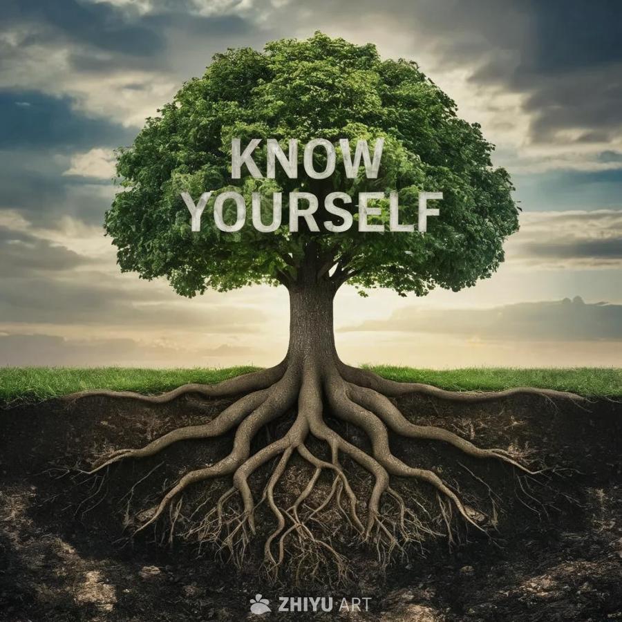 一棵树矗立在草地上，树冠茂盛，树根粗壮且清晰可见。