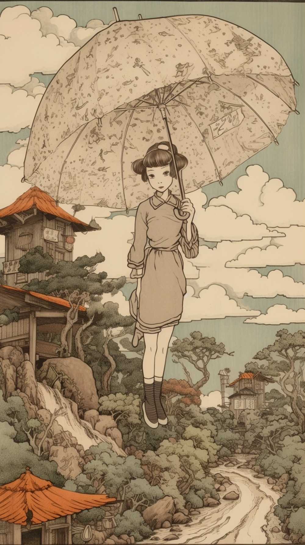 拿着伞的动画片女孩