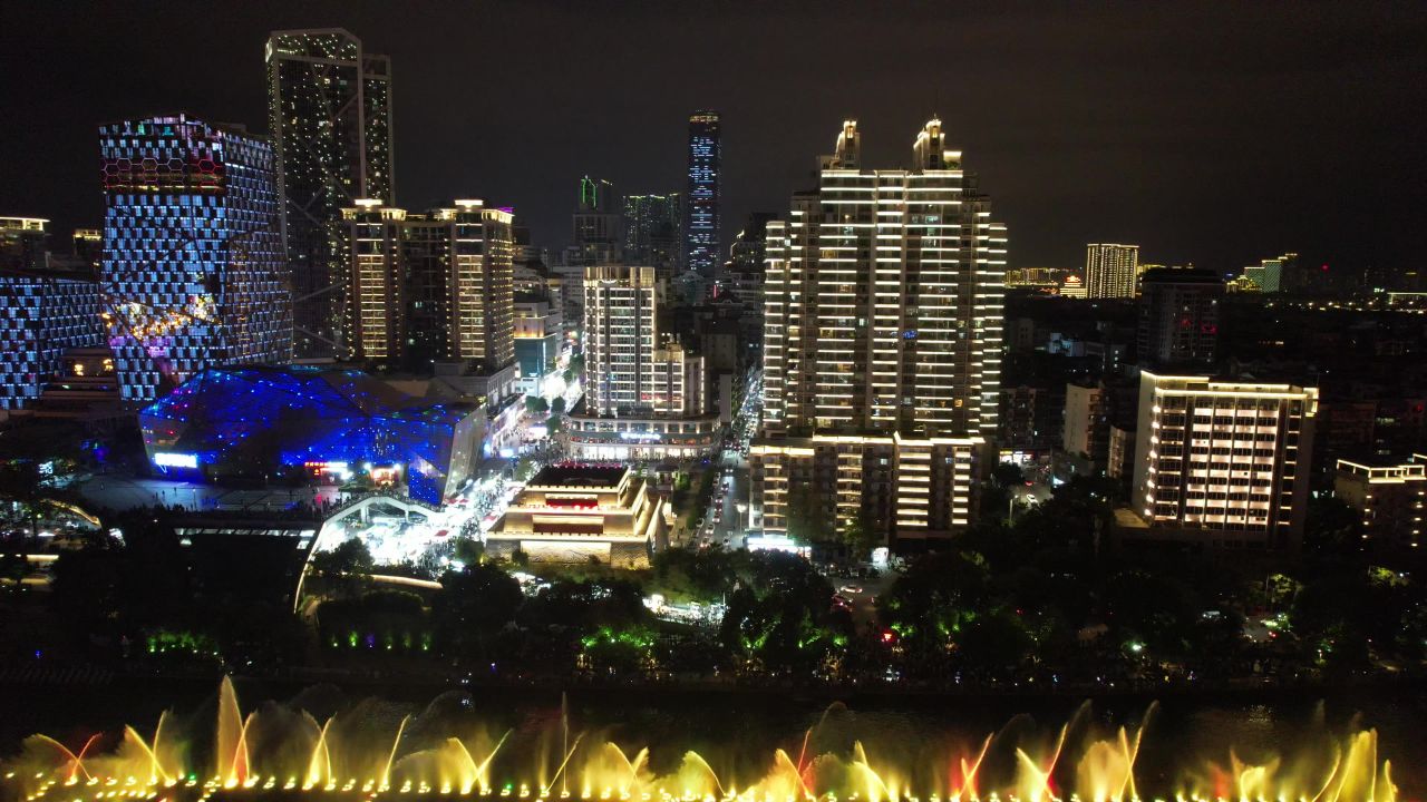  广西柳州音乐喷泉夜景航拍