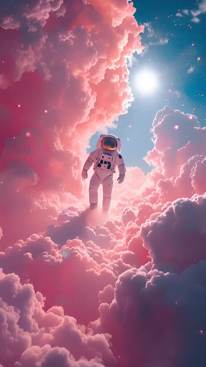 一个穿着白色宇航服的人走在粉色的云层中，上方是蓝天
