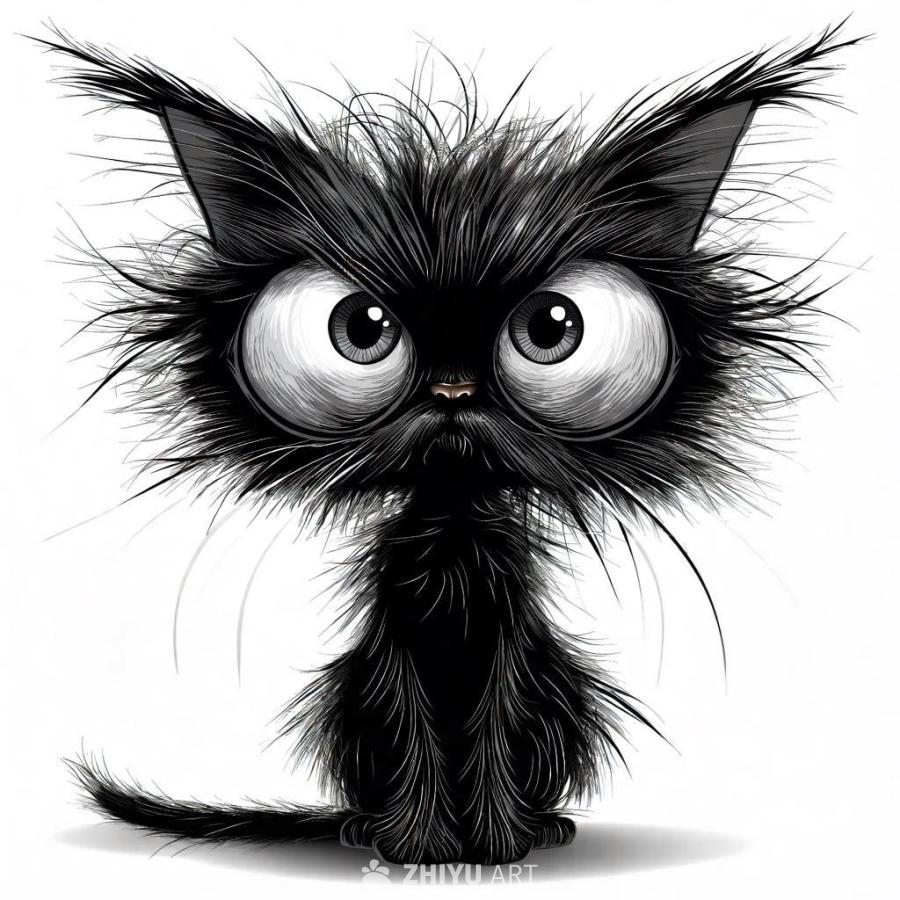 一张引人注目的矢量插图，描绘了一只蓬乱的黑白相间的