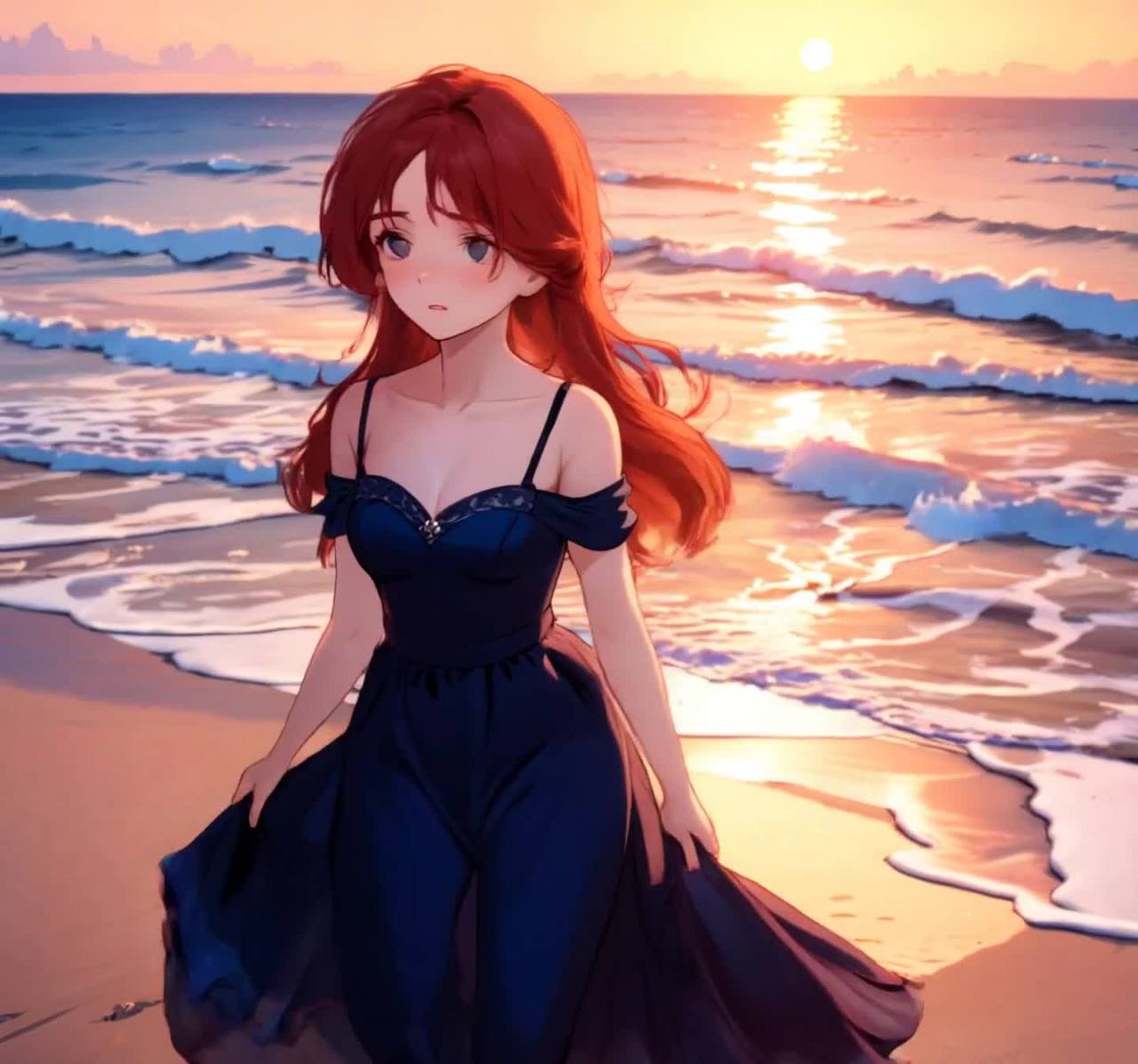红发女子夕阳海滩深蓝礼服漫步海岸线