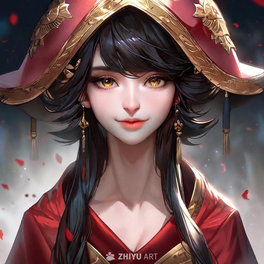 一位年轻女子，有着黑色的头发和金色的眼睛。她戴着一