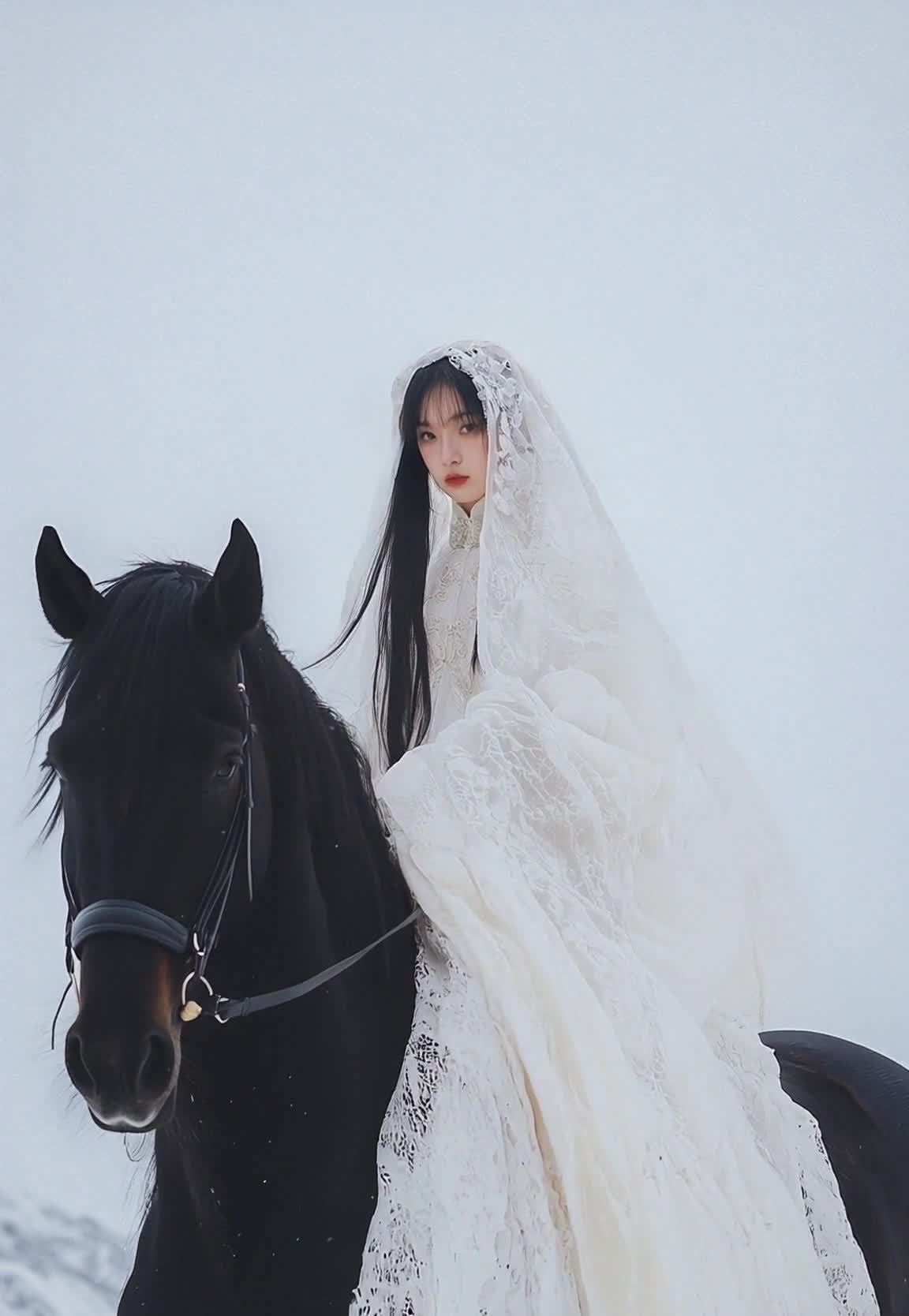 白衣少女黑马雪山蕾丝面纱