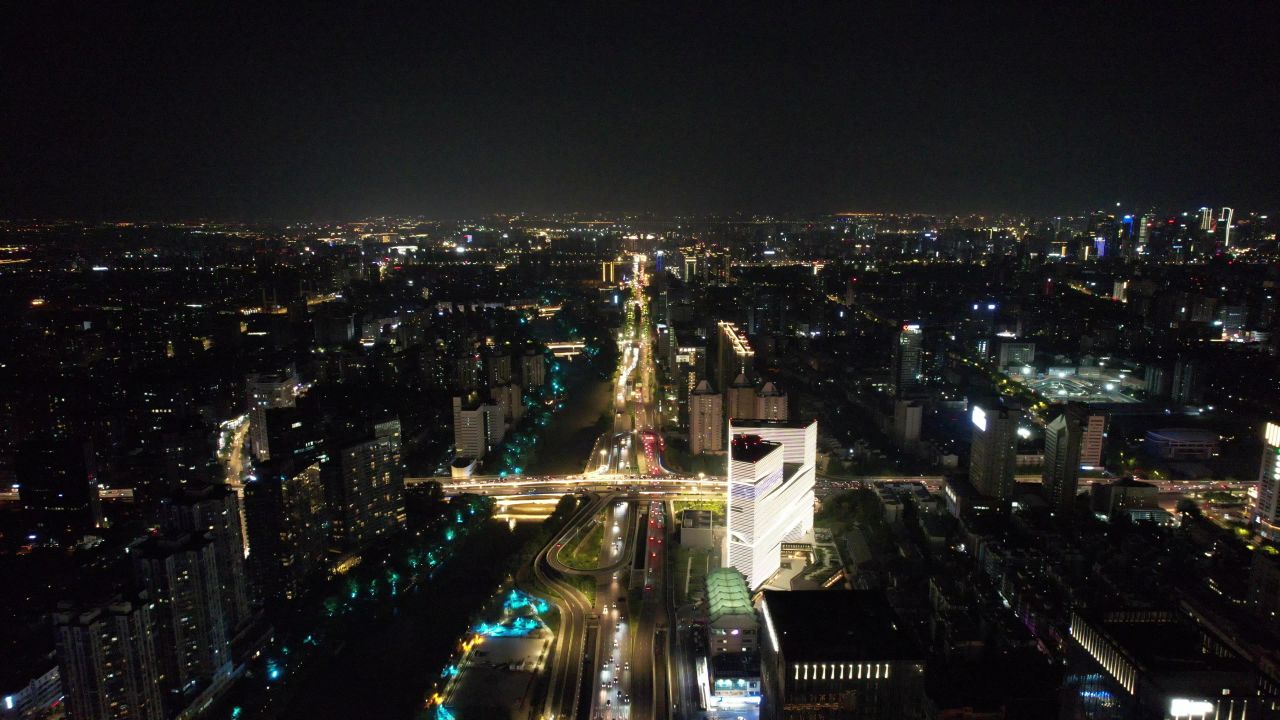 浙江杭州城市夜景交通航拍