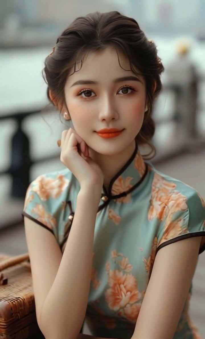 旗袍女子凝视镜头，微笑倚靠，背景模糊。