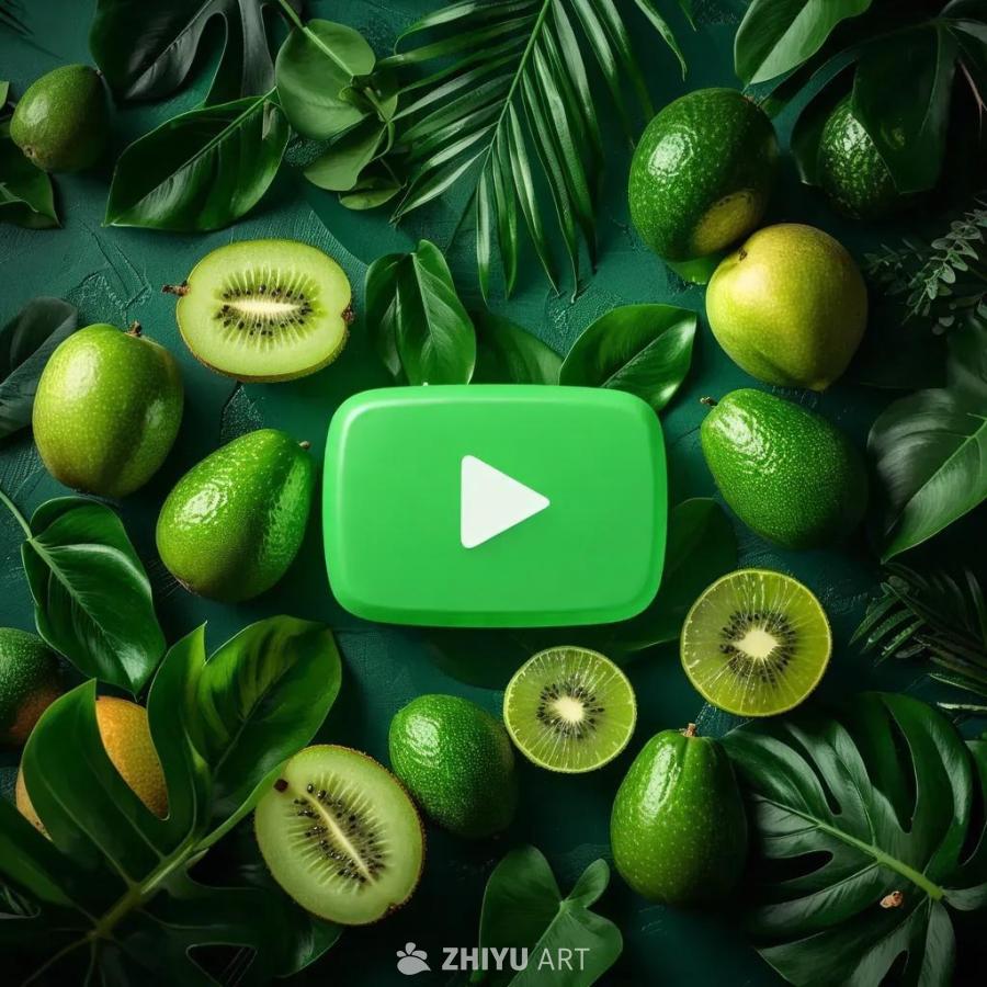 一个绿色的YouTube订阅按钮，周围环绕着水果，