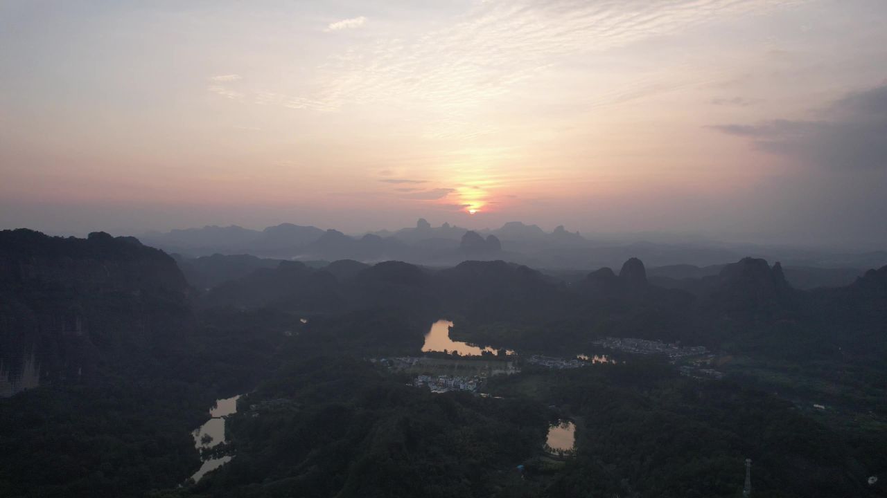 广东韶关丹霞山5A景区日出日落晚霞航拍 