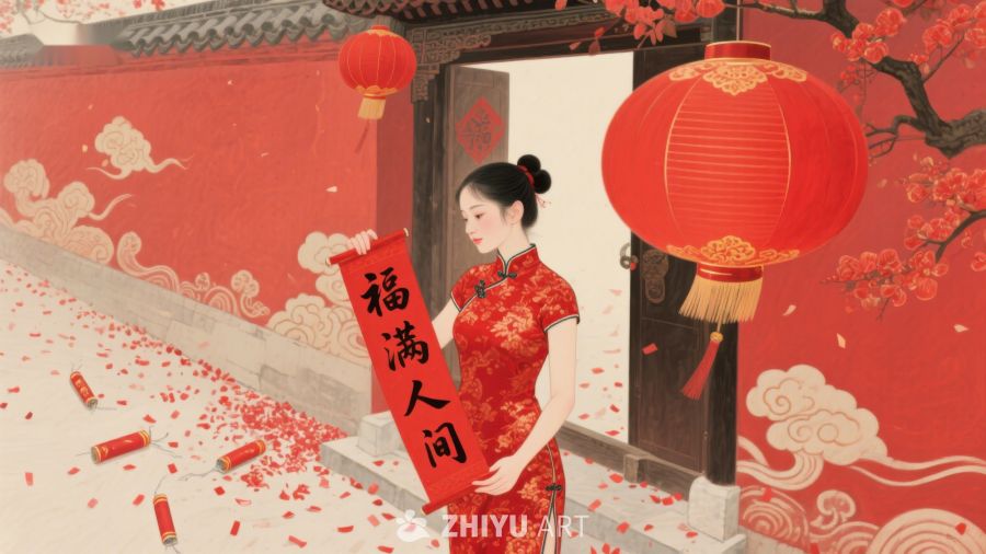 女子手持福字卷轴，红灯笼映衬喜庆氛围 732