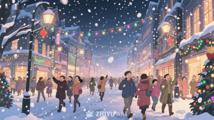 雪夜街头的节日欢庆 382
