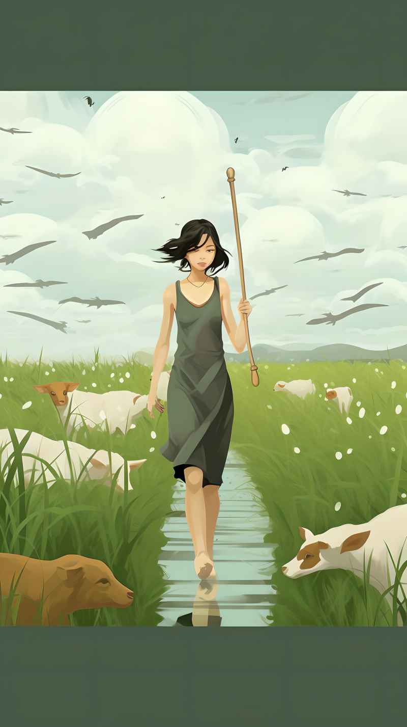 女人站在稻田与狗绿色插画 1
