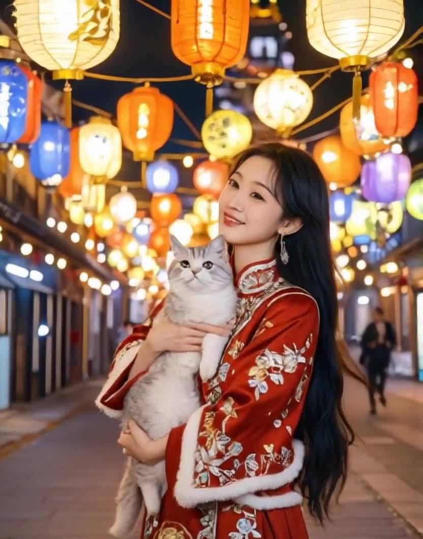 一位留着黑色长发、身穿红色旗袍的年轻女性，抱着一只