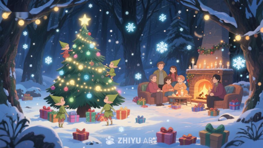 雪夜森林中的温馨圣诞聚会 384
