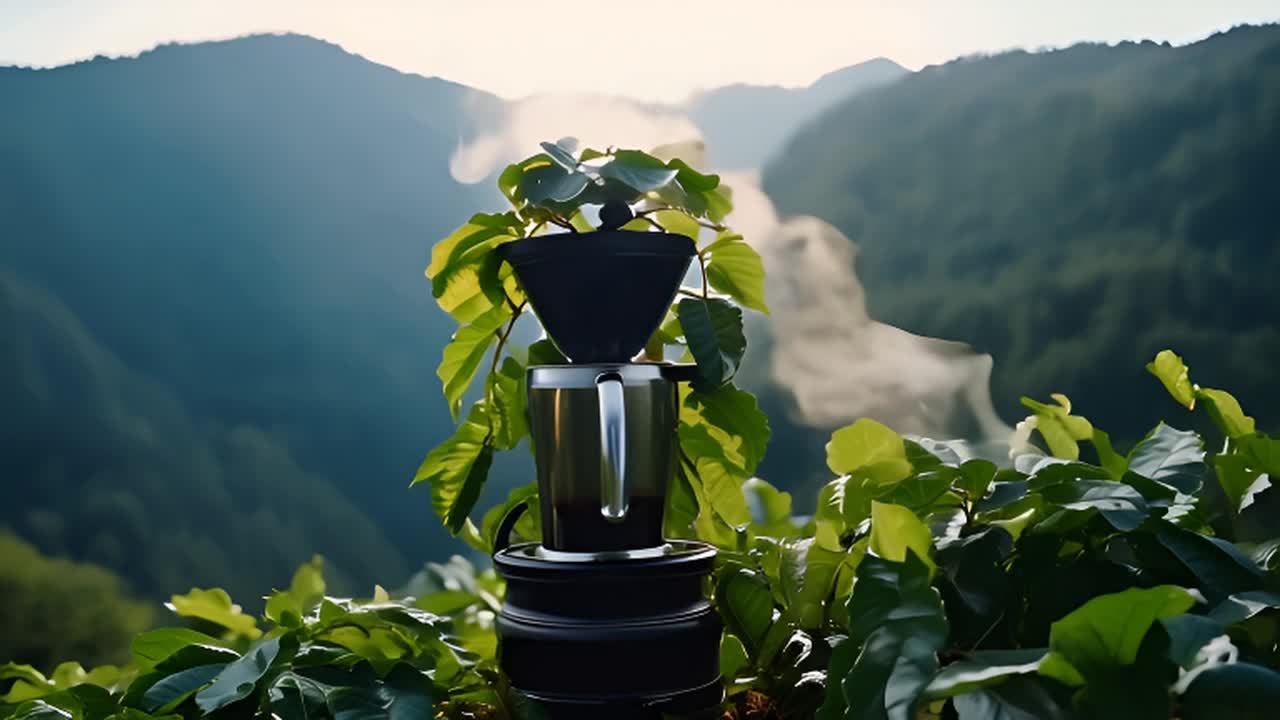 在山脉森林中的咖啡机，咖啡植物从中生长出来，周围环