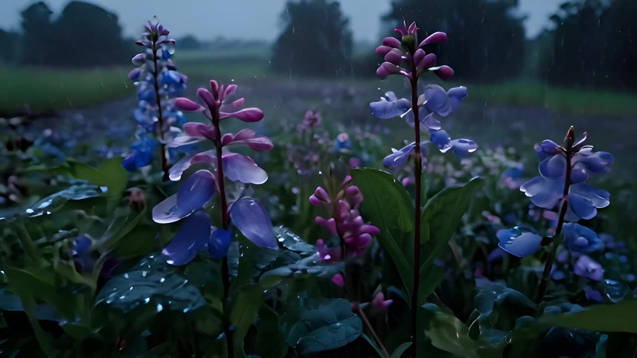 雨中，多种紫色和蓝色的小花生长在绿叶间，叶子上覆盖