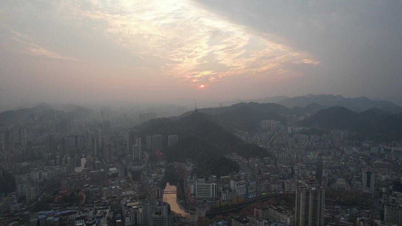 贵州遵义城市日落晚霞夕阳航拍