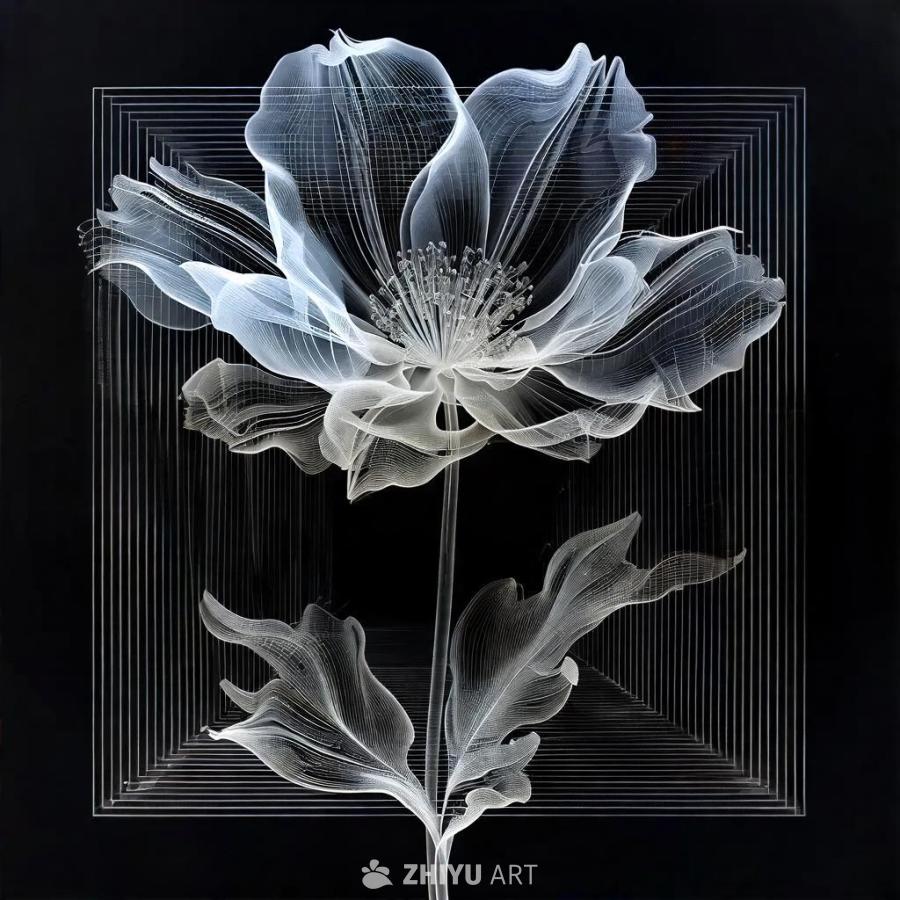 黑色背景上，一朵解构的极简线条绘画风格的花朵，花朵