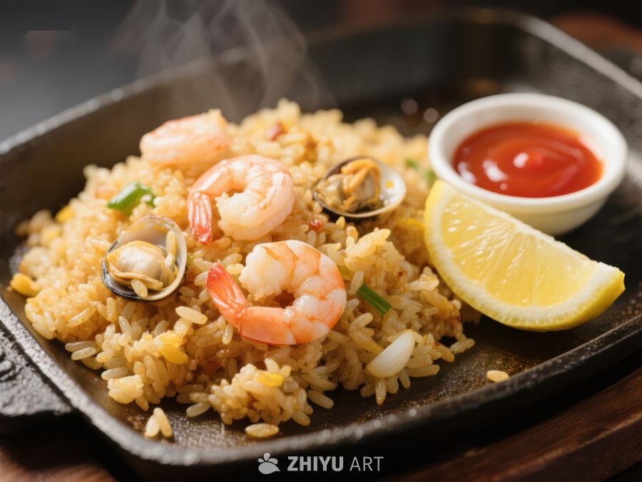 海鲜炒饭配柠檬与辣椒酱