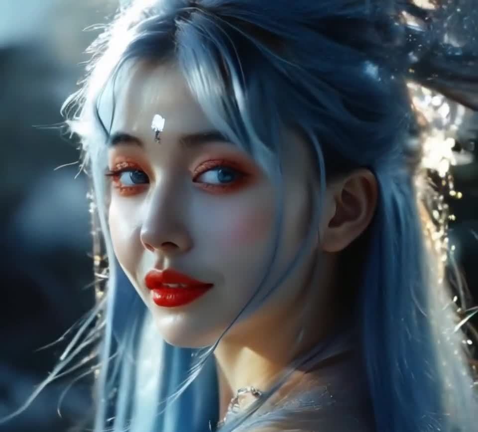 蓝发红眼唯美女子特写
