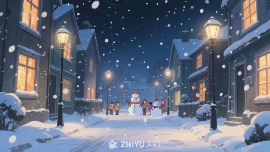 冬夜雪景中的孩子们与雪人 107