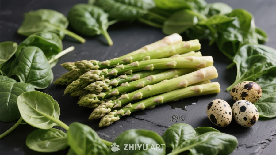 新鲜芦笋与菠菜鹌鹑蛋组合