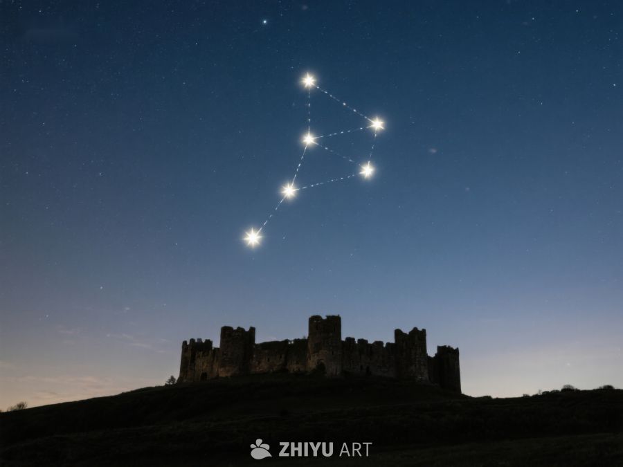 夜空下的星座与古堡剪影 389