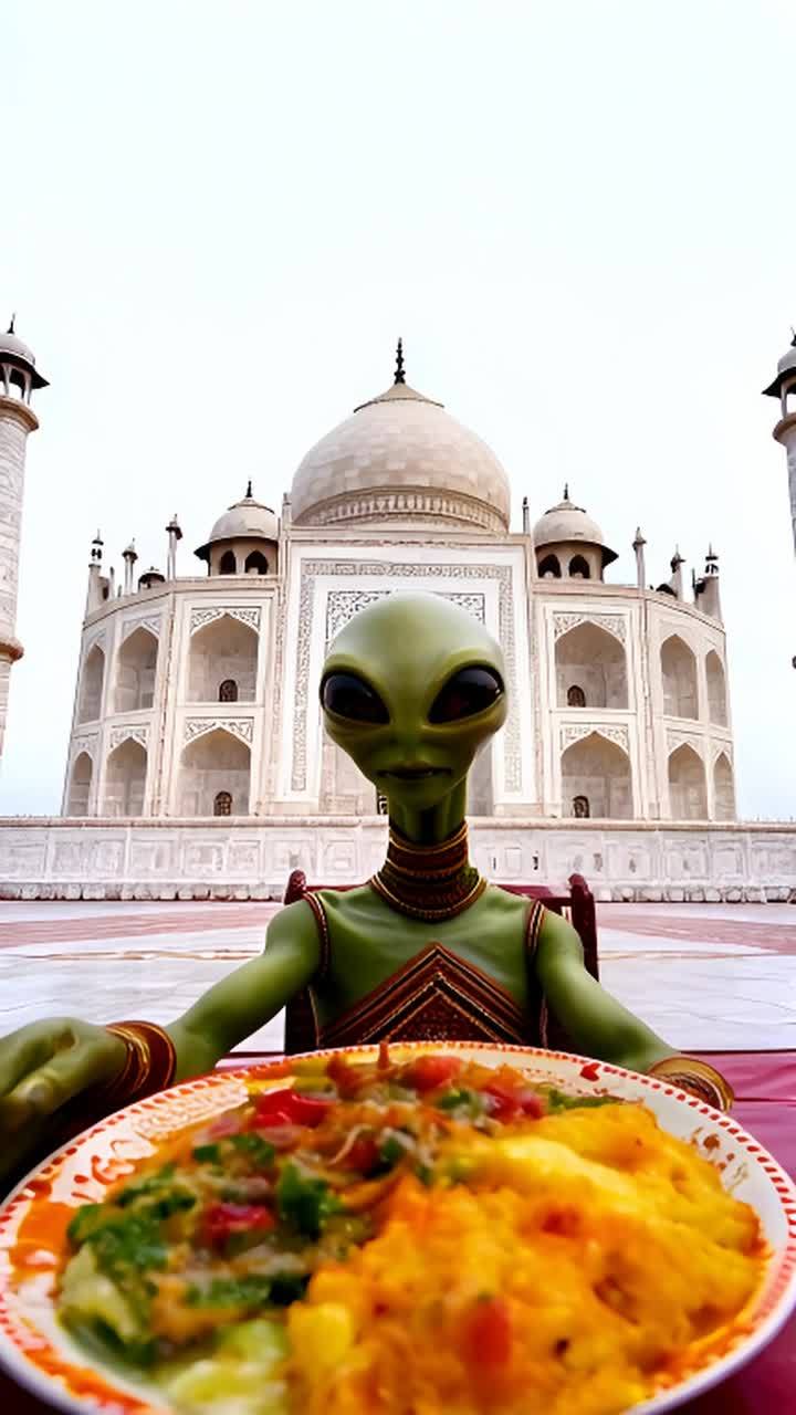 一个外星人在印度泰姬陵前吃印度食物。从低角度拍摄：