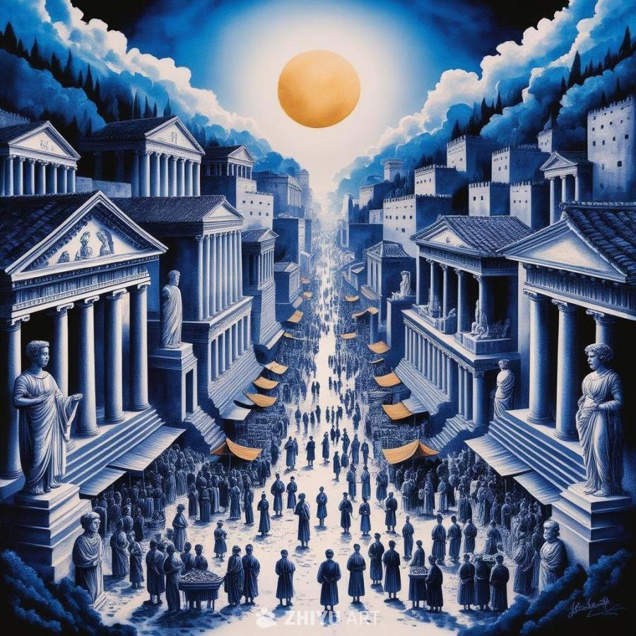 一幅水墨画风格的古代城市景象，整体色调为蓝黑色。画