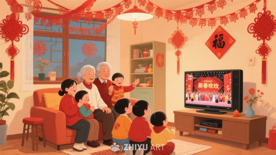 家庭欢聚观看春节联欢晚会 474
