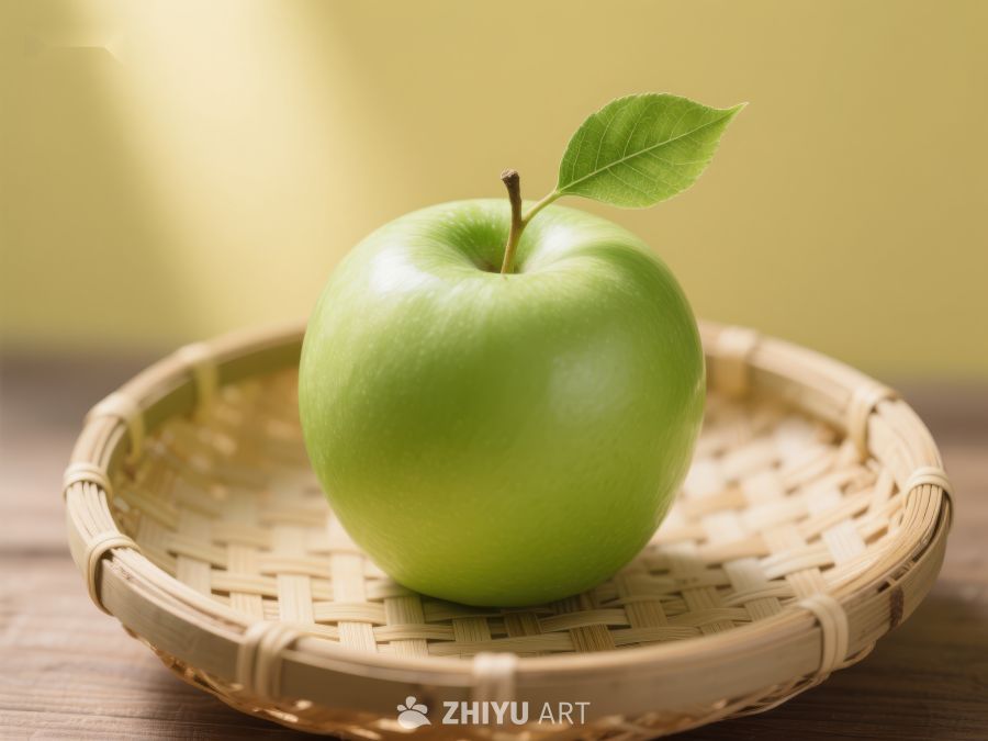 青苹果置于竹篮，自然光线照射 429