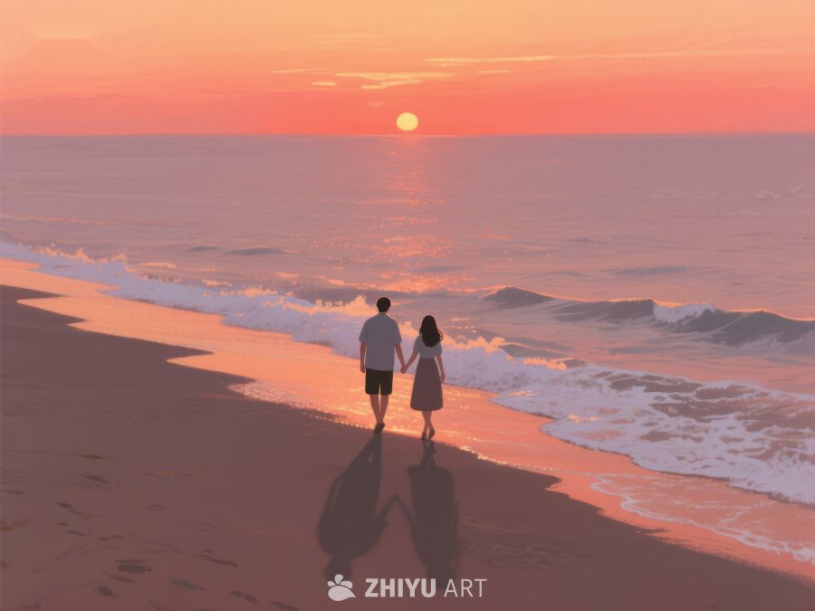 海边日落，两人漫步 218