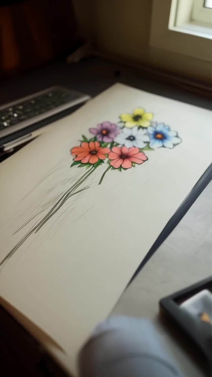 桌子上放置着一张素描纸，上面有一束手绘的鲜花，颜色