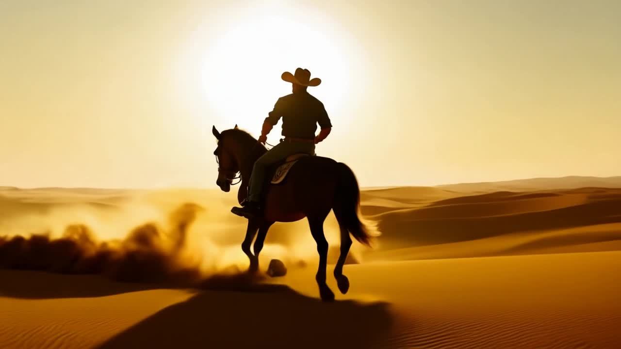 一个牛仔骑着马在阳光照射下的广阔沙漠中行走，太阳在